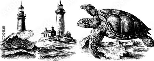 Ocean depths and coastal lighthouse scene in vintage engraving style