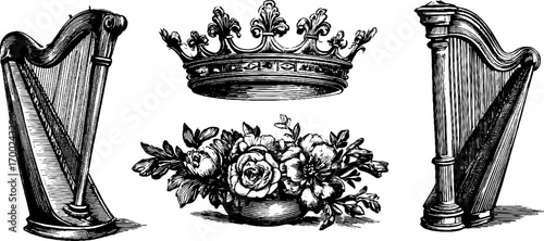 Vintage theatre poster design with crown and harps in engraving style