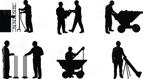 Silhouette construction workers wearing hard hats using equipment, teamwork, building site, industrial work, safety gear, labor, manual tasks, heavy machinery.