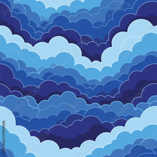 Vector illustration of overlapping clouds in various shades of blue design, patern seamless, royalty stock.