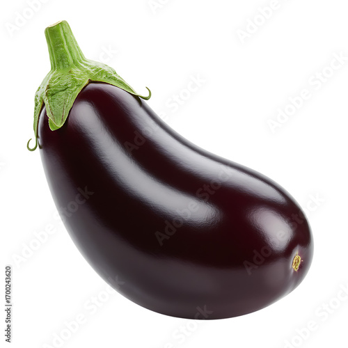 A single glossy purple eggplant with a vibrant green stem, perfectly smooth and isolated on a clean black background.