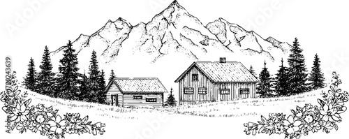 Alpine landscape with rustic houses and mountains in vintage engraving style for design projects