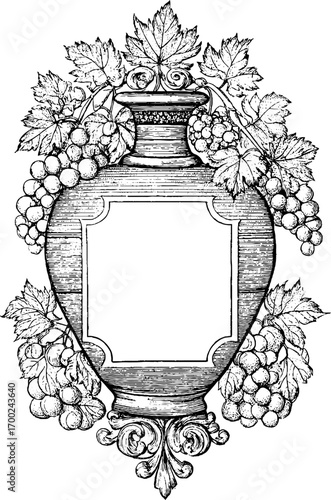 Vintage amphora with grapes in engraving style for retro design and decoration