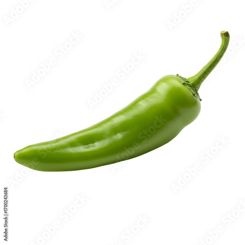 A vibrant bright green serrano pepper with glossy skin and a slender form, presented perfectly isolated on a clean black background.