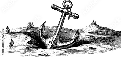 Vintage nautical anchor illustration in a retro engraving style