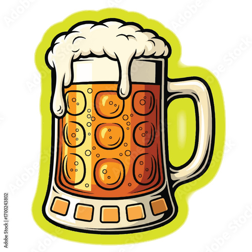 Cartoon illustration of a frothy beer mug filled with golden liquid and bubbles, outlined in green.