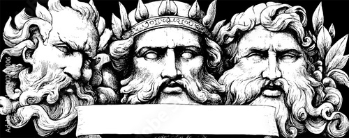 Ancient mythology monuments in detailed vintage engraving style for artistic decor