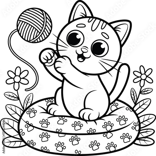 Adorable cartoon kitten playing with a ball of yarn on a patterned pet bed surrounded by flowers and leaves line art illustration
