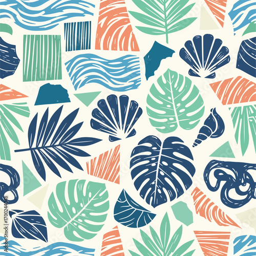 Tropical pattern featuring seashells, monstera leaves, and geometric shapes, seamless pattern, royalty free stock.