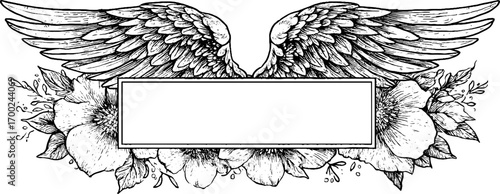 Vintage angel wings with floral motif engraving design for cards and posters