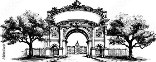 Vintage architectural gateway with ornate arch and trees in engraving style