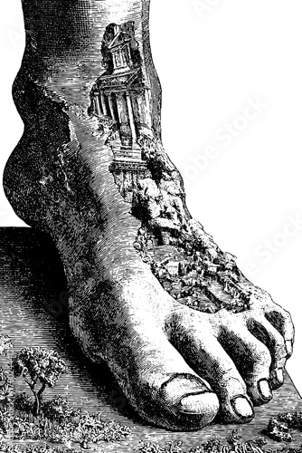 Surreal vintage engraving of ancient architecture within human foot