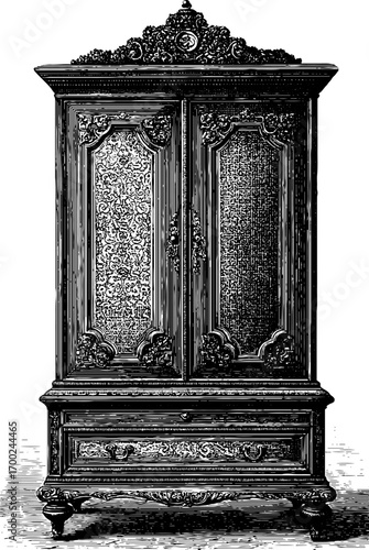 Vintage engraving style illustration of antique wardrobe for retro design and decor