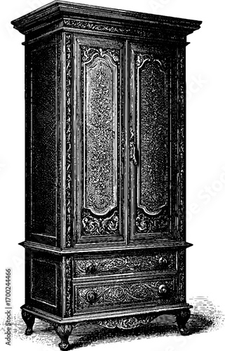 Antique wardrobe in vintage engraving style for retro design and art