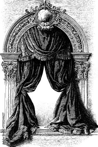 Vintage engraving of ornate archway and drapery design for interior decor inspiration