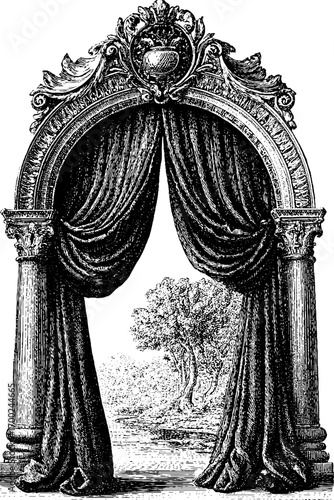 Vintage engraving of ornate arch with draped curtains and scenic view
