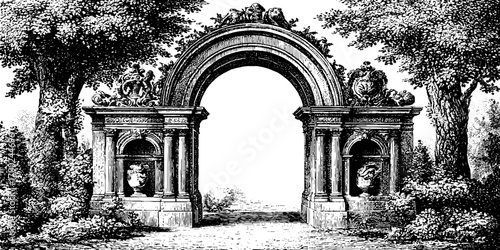 Elegant vintage archway in engraving style for decorative design and print