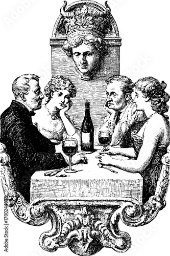Vintage engraving style illustration of aristocratic dinner gathering