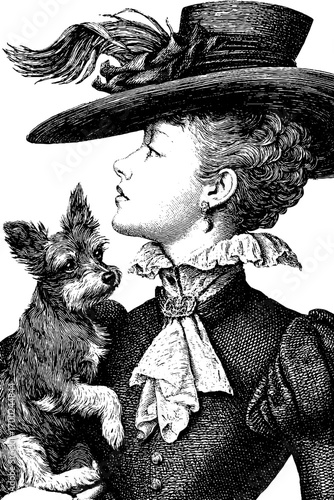 Victorian era aristocrat with dog in vintage engraving style sketch