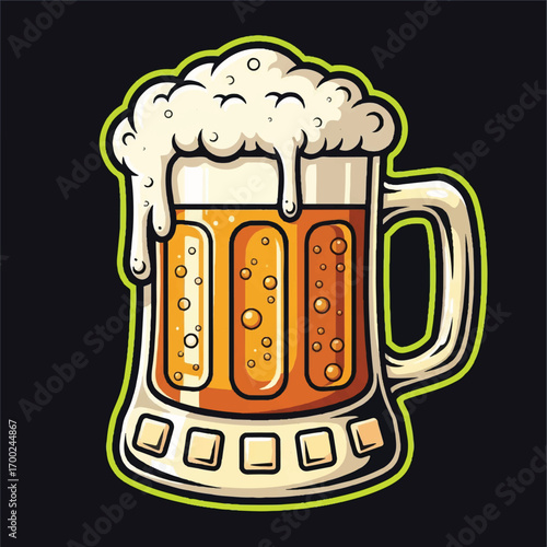 Cartoon illustration of a frothy beer mug overflowing with white foam, featuring a golden beverage and a thick green outline on a dark background.