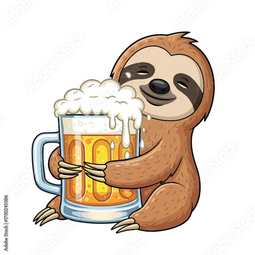 A cute cartoon sloth is happily hugging a large mug overflowing with frothy beer.