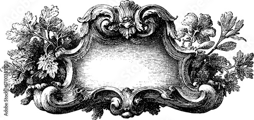 Vintage art nouveau engraving with ornate frame and floral details for design