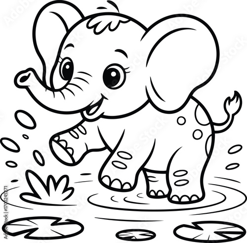 Adorable cartoon baby elephant playing in water splashing with joy and a happy expression line art illustration for coloring