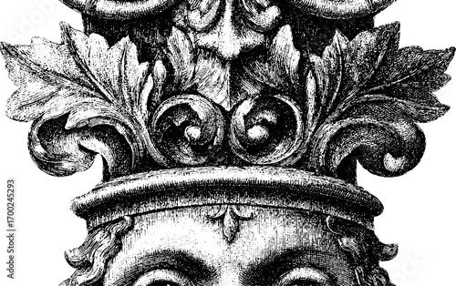 Art nouveau inspired vintage engraving with ornamental leaves and classical elements