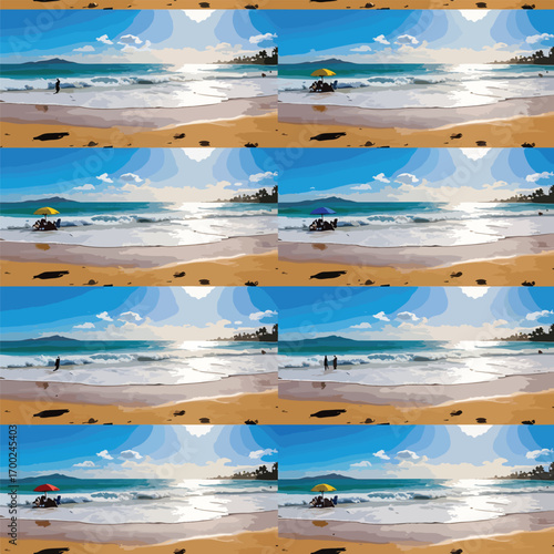 Sunny beach with people relaxing under umbrellas and enjoying the ocean waves, patern seamless, Stock royalty.