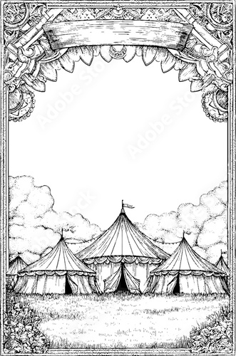 Vintage engraving of autumn fair with tents and ornate frame for design