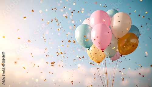 Colorful baloons and glittering birthday confetti against pastel blue sky background. 