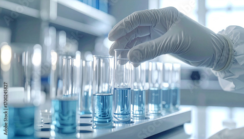Science Lab: The scientist is working in a cutting-edge science lab, the image captures the precise moment of analysis, where vials are handled with care and precision.