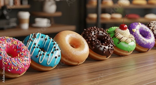 Assorted donuts on display at a bakery with colorful frosting and toppings in a row on a counter