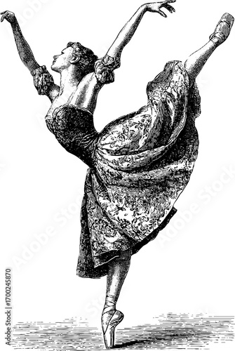 Elegant ballerina in vintage engraving style for dance poster design