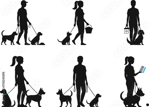 Silhouettes of people walking and caring for dogs – vector pet owner illustrations with leashes, grooming tools, and dog poop cleanup.