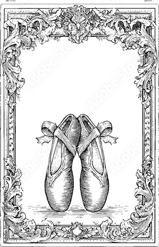 Elegant ballet pointe shoes in ornate vintage frame - hand drawn style for art and decoration