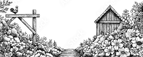 Vintage engraving style illustration of rustic barn and rooster with floral surroundings