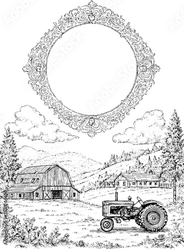 Vintage farm scene with barn and tractor in engraving style – ideal for rustic design and decor