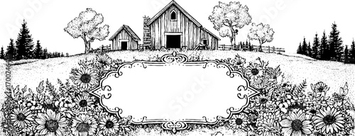 Vintage barn landscape with floral frame in engraving style for rustic design