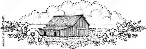 Rustic barn in floral meadow - vintage engraving style illustration for design