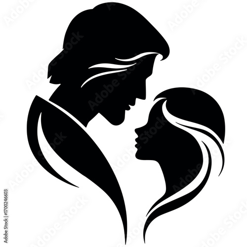 Profile of man and woman face. Vector silhouette of young couple head. Icon of a couple in love
