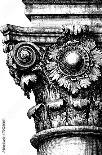 Baroque architectural column capital design in vintage engraving style