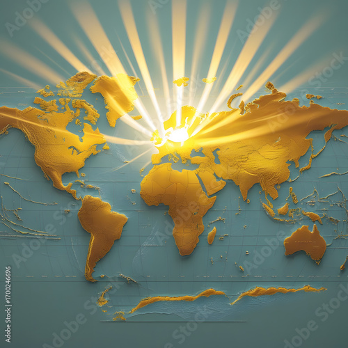 Glowing golden sun shining beams of light across illustrated world map symbolizing renewable global solar energy