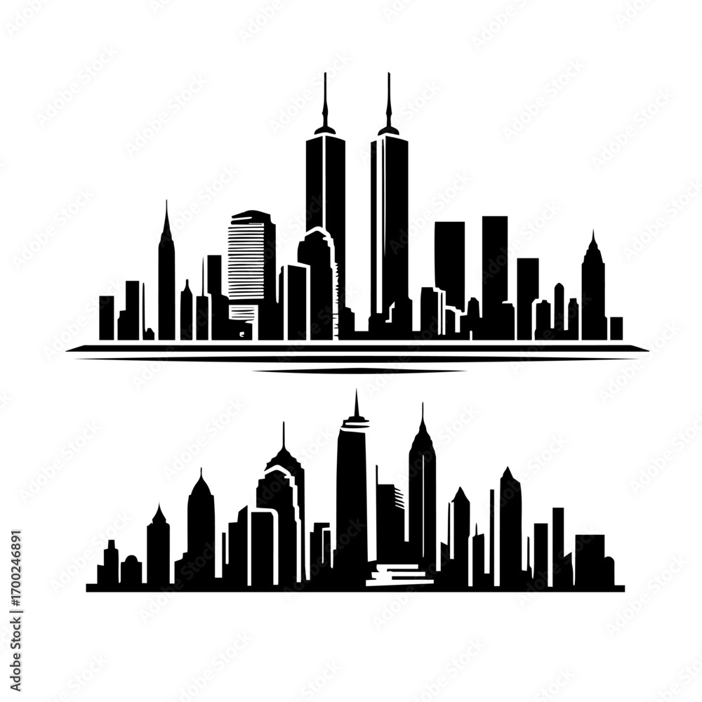 Obraz premium Black and white vector silhouette of city skyline on white background