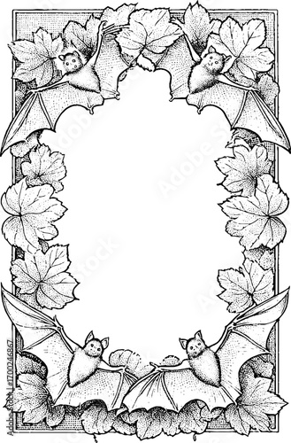 Vintage bat and leaf frame in engraving style for halloween design