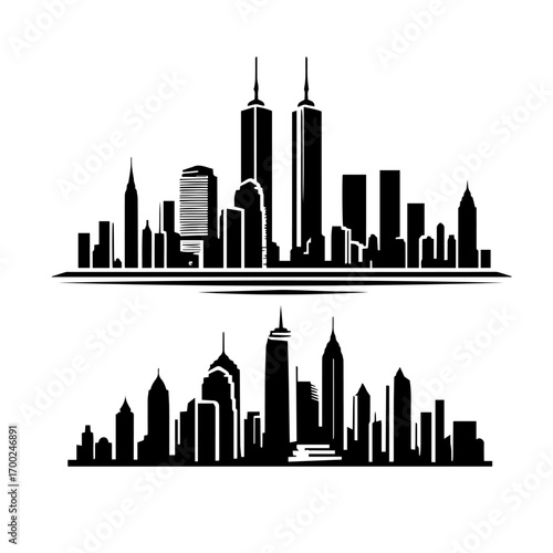 Black and white vector silhouette of city skyline on white background