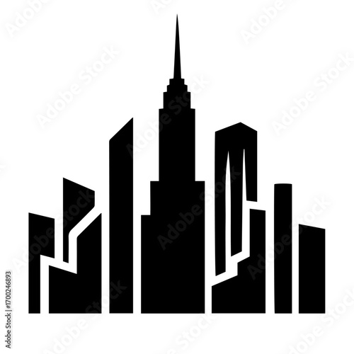 Black and white vector silhouette of city skyline on white background