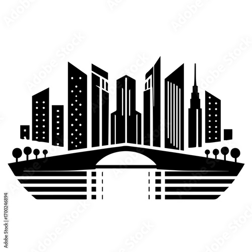 Black and white vector silhouette of city skyline on white background