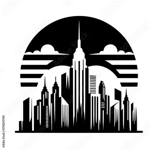 Black and white vector silhouette of city skyline on white background