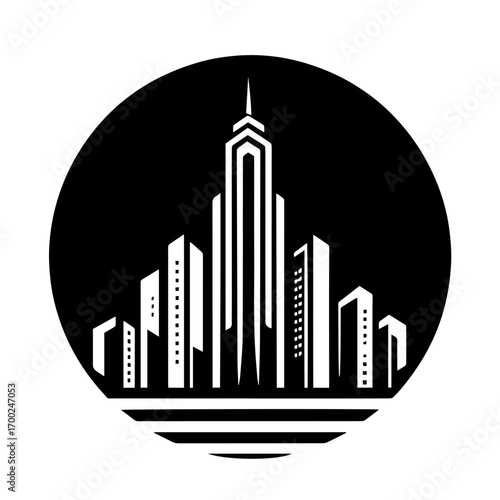 Black and white vector silhouette of city skyline on white background